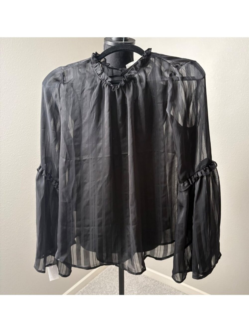 Lush Black Sheer Ruffled Long Sleeve Blouse Small 100% Polyester Peplum Sleeve